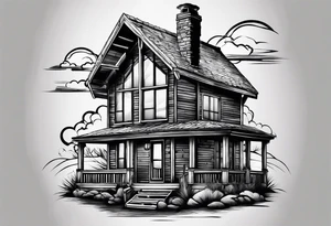 cabin chimney smoke says "Hutting Est. 2004" friends sunset tattoo idea