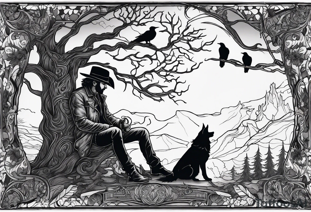ghostly cowboy sitting in front of a fire with the tree of life behind him and a wolf and a raven tattoo idea