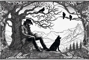 ghostly cowboy sitting in front of a fire with the tree of life behind him and a wolf and a raven tattoo idea