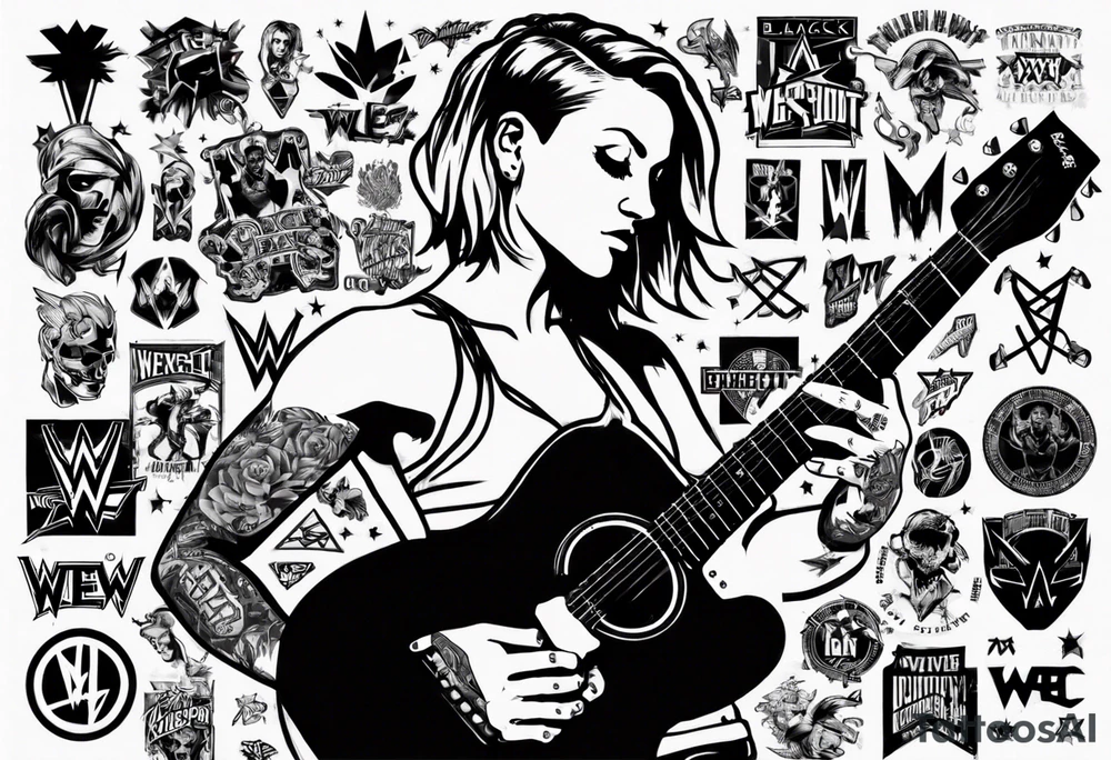 A silhouette of Rhea Ripley playing a guitar on a stage surrounded by WWE logos tattoo idea