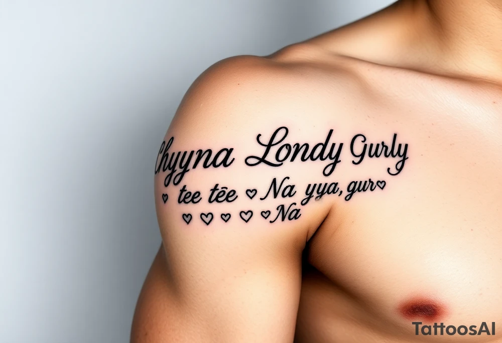 Cursive words that say, 

M.S.K

Chyna

Londyn

Gurly 

Tae tae 

Na jorya 

Na taya
 surrounded by little hearts & stars tattoo idea
