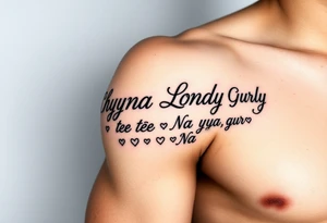 Cursive words that say, 

M.S.K

Chyna

Londyn

Gurly 

Tae tae 

Na jorya 

Na taya
 surrounded by little hearts & stars tattoo idea