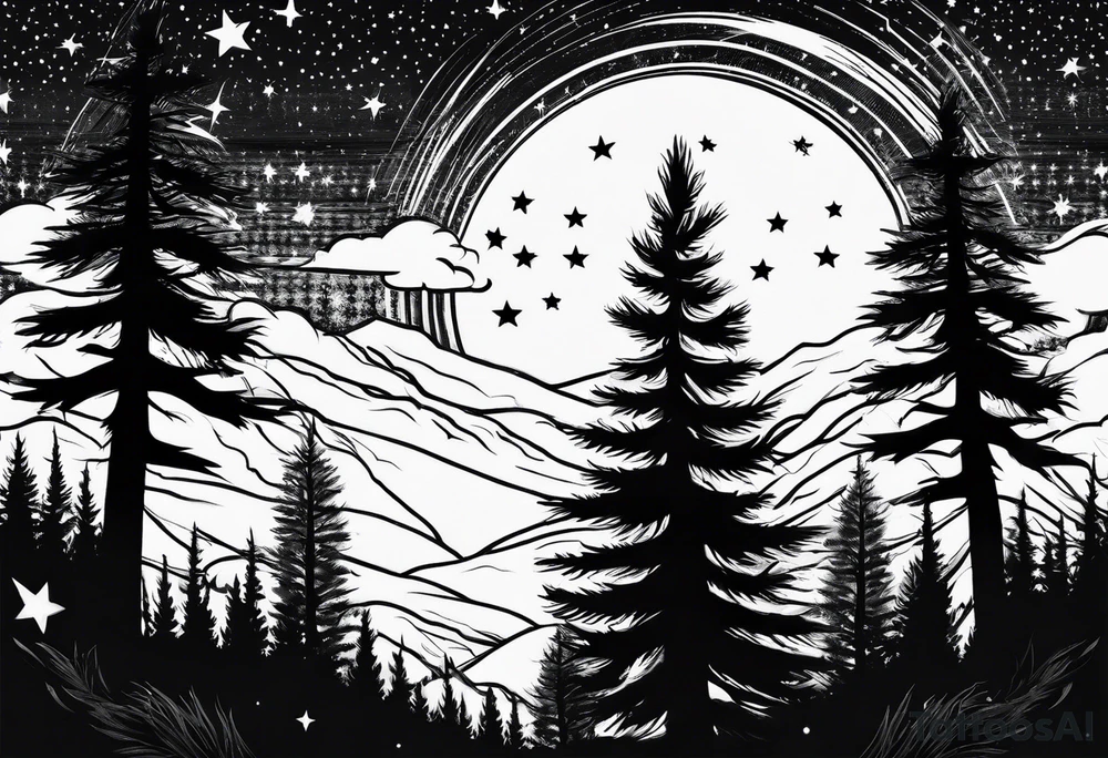 pine trees with stars in the sky tattoo idea
