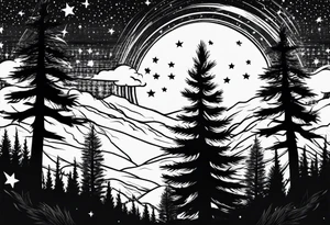 pine trees with stars in the sky tattoo idea