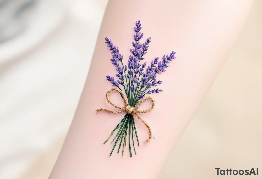 A small bundle of lavender tied with a rustic twine bow, with soft violet petals and faded green stems for a vintage feel. tattoo idea