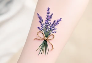 A small bundle of lavender tied with a rustic twine bow, with soft violet petals and faded green stems for a vintage feel. tattoo idea