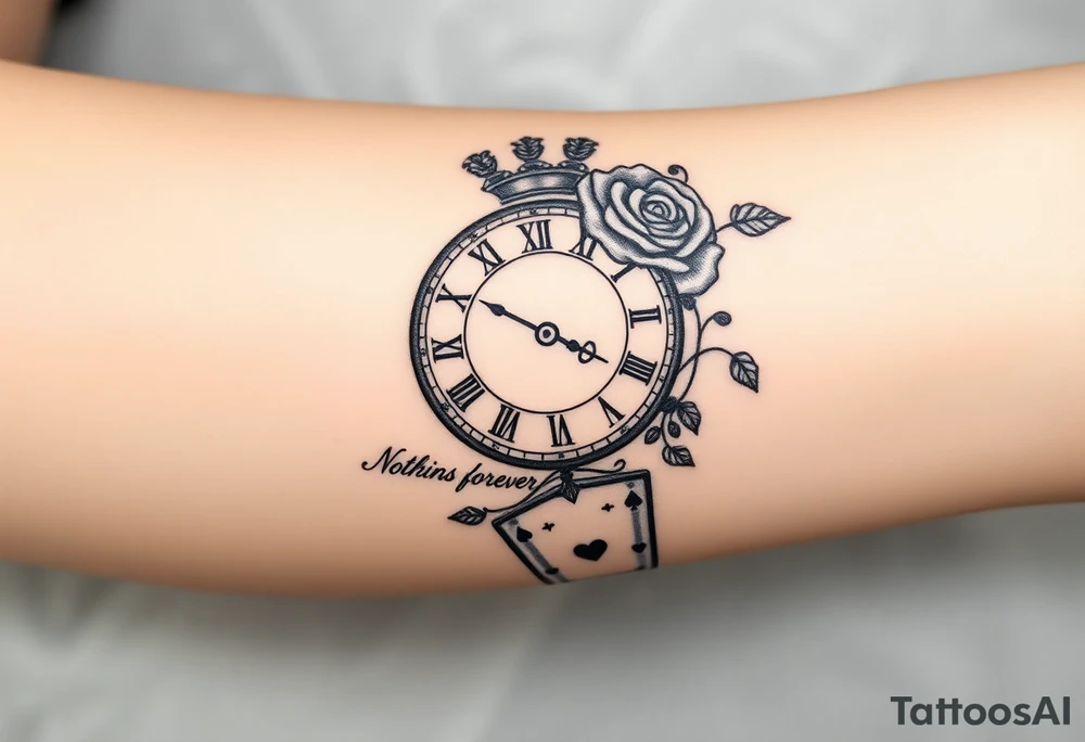 Roman clock with roses and a crown,  a quote that says nothings forever. and on the bottom a deck of cards tattoo idea