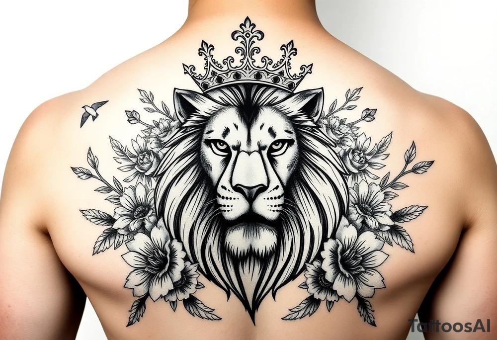 powerful majestic lion with a crown, surrounded by floral ornaments and birds tattoo idea
