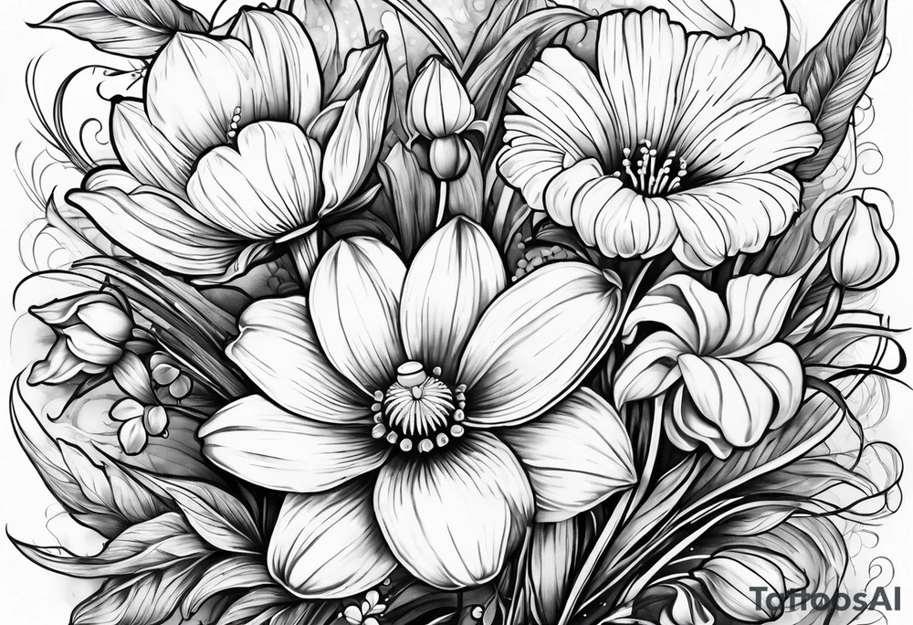 Daisy, Lilly of the valley, poppy, lily compass tattoo idea