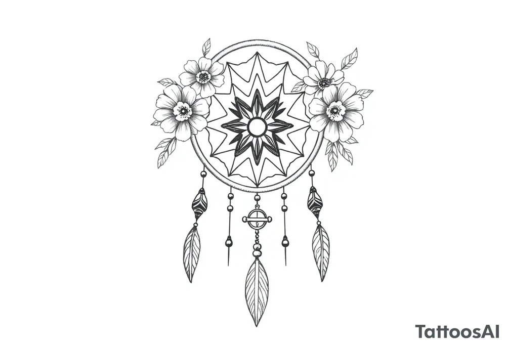 Boho dream catcher with compass and anchor Beautiful flowers and an ornamental chandelier like look tattoo idea