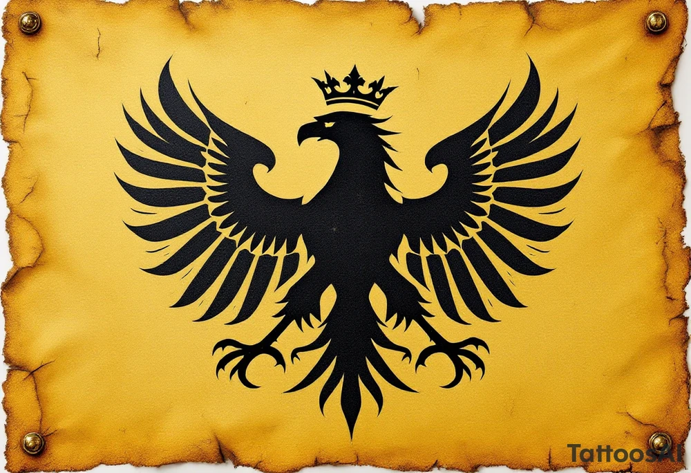 A hand-painted, medieval-style banner with a black Silesian eagle with crown on a golden background, looking like a knight's flag waving in the wind. The edges are torn and aged, giving it a battle-worn effect. tattoo idea