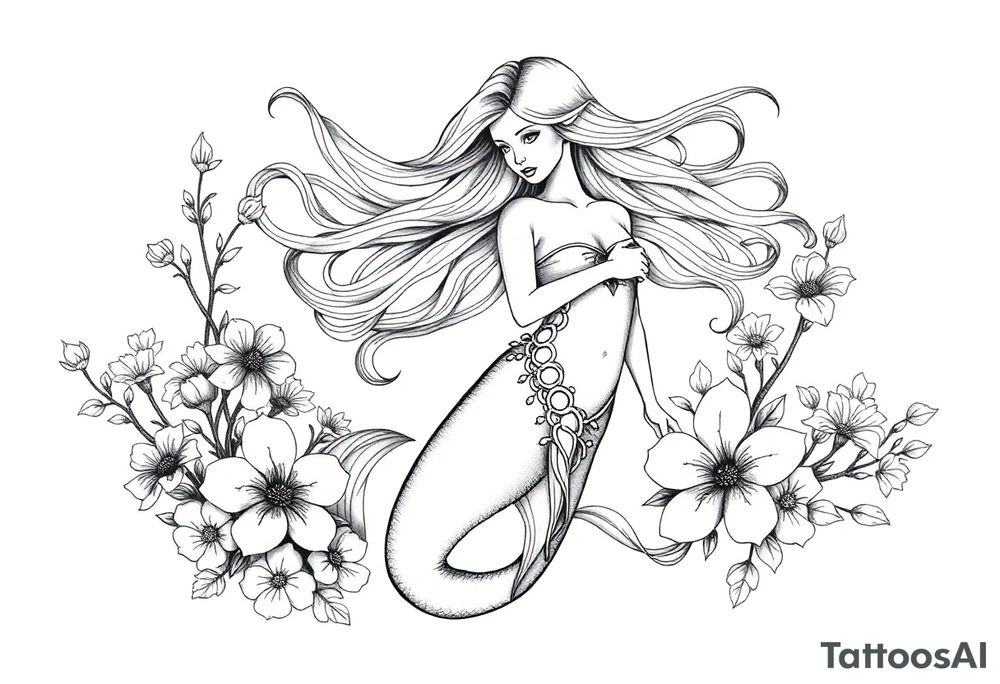 ethereal mermaid with flowing hair among coral and sea flowers tattoo idea