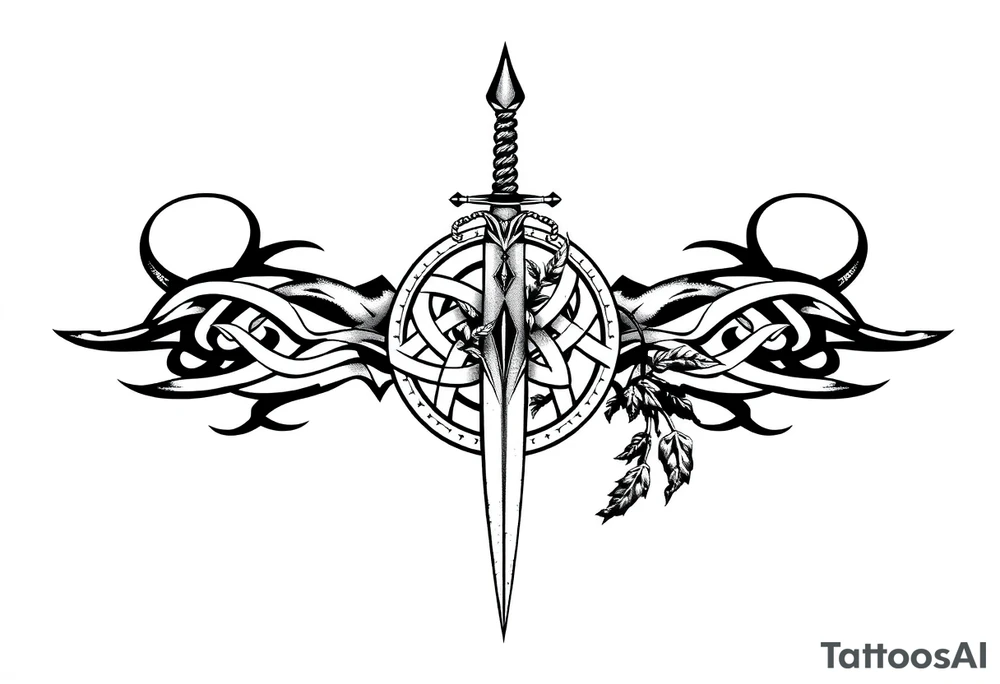 Armband tattoo combining a Celtic knot with a sword and nature tattoo idea