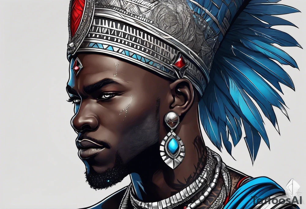 Black-skinned bald african warrior. He wears  a small silver crown. He wears two simple necklaces: one blue, other red. tattoo idea