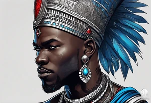 Black-skinned bald african warrior. He wears  a small silver crown. He wears two simple necklaces: one blue, other red. tattoo idea