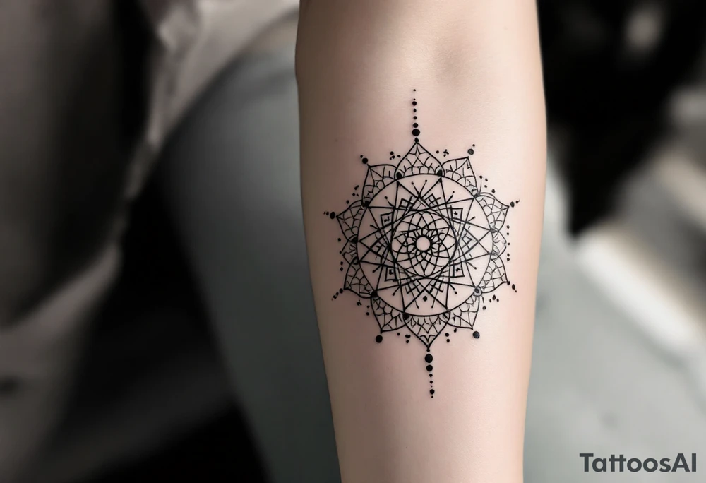 simple, fine-line tattoo, sacred geometry mandala, centerpiece design, dotwork patterns, radiating geometry, symmetrical mandala, geometric shapes, intricate dotwork, sacred patterns, mandala center, geometric radiating, fine line work, black grey shading, minimalist design, no outlines, arm placement, delicate linework, precise geometry, clean symmetry, sacred symbols, geometric precision, dotwork details, mandala focal point, refined patterns, understated complexity, geometric harmony tattoo idea