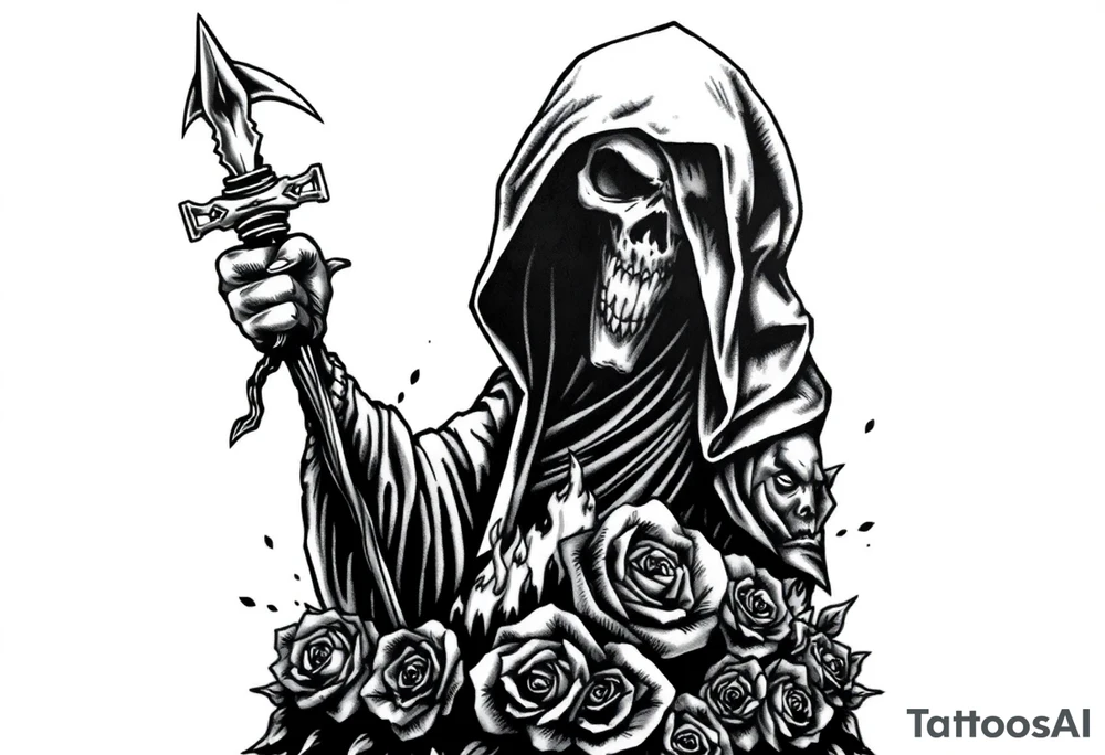 Powerful and evil grim reaper rising from the ashes of hell, surrounded by unclaimed souls and roses tattoo idea