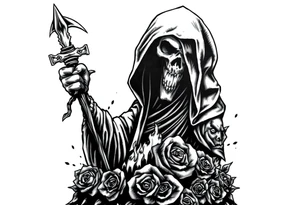 Powerful and evil grim reaper rising from the ashes of hell, surrounded by unclaimed souls and roses tattoo idea