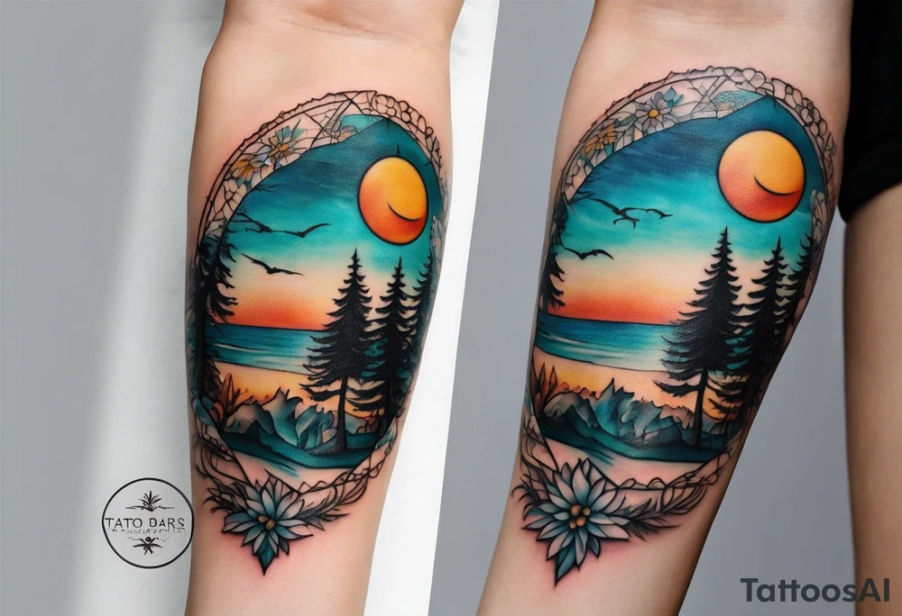 Small norma arm tattoo. Black kite (Daya's name), nature (trees/sea), small sunflower. Soft colours tattoo idea