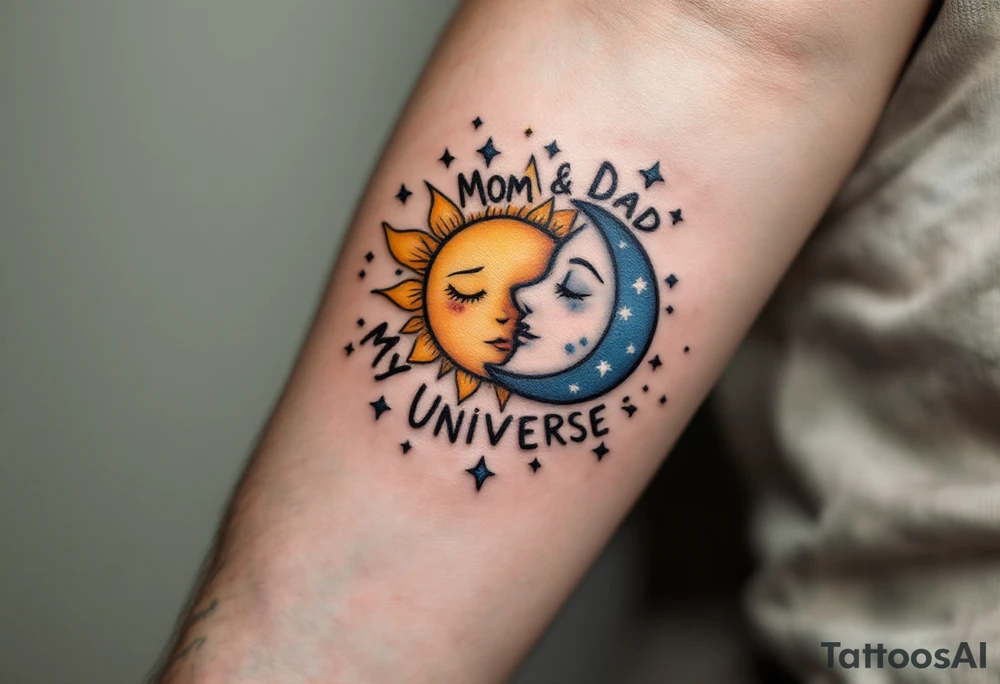 A whimsical sun and moon design in yellow and navy with “Mom & Dad My Universe” circling it. tattoo idea