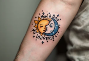 A whimsical sun and moon design in yellow and navy with “Mom & Dad My Universe” circling it. tattoo idea