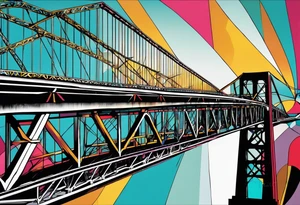 70's poster art, pop art, simple, view from under steel truss cantilever bridge tattoo idea