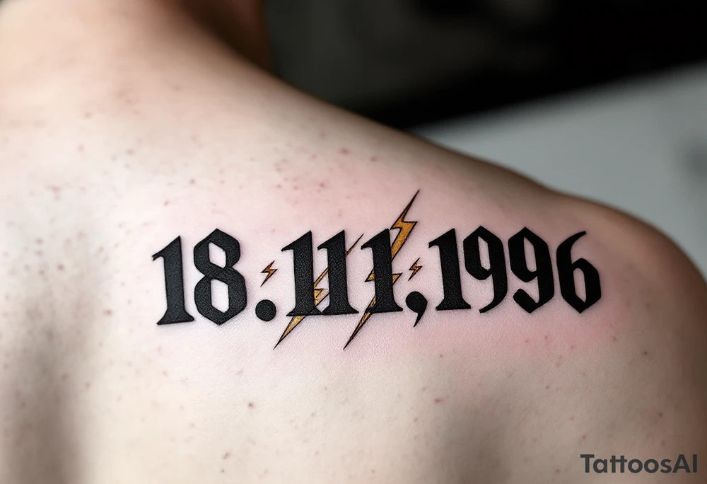 Bold block 18.11.1996 in jet black with bronze lightning bolts crossing behind the numbers. tattoo idea