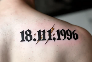 Bold block 18.11.1996 in jet black with bronze lightning bolts crossing behind the numbers. tattoo idea