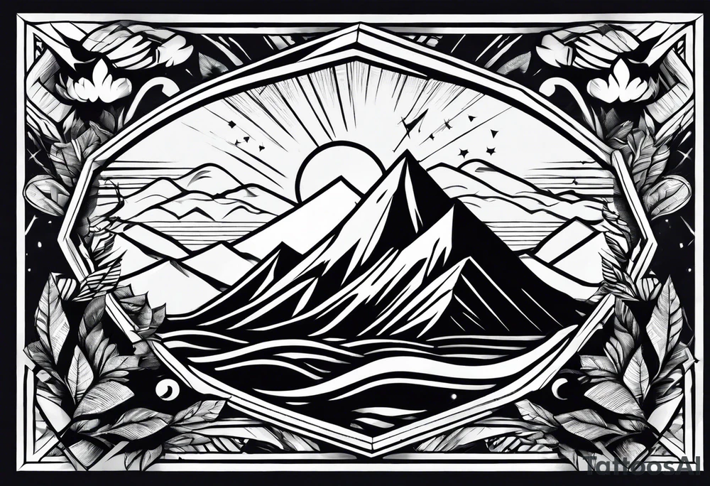 Mountains and ocean waves crashing diamond shape tattoo idea