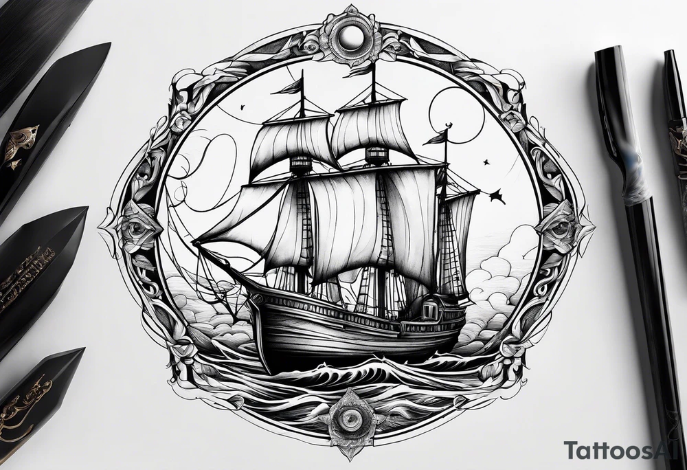bateau, phare maritime et lune bleu tattoo idea