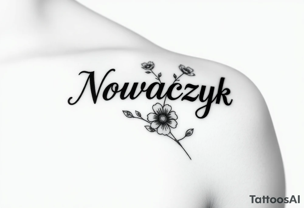 The word "Nowaczyk" with three flowers on the lower tricep, medium size tattoo idea