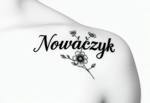 The word "Nowaczyk" with three flowers on the lower tricep, medium size tattoo idea