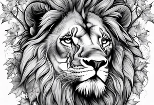 The lion of Judah, which is Jesus Christ, is tied and intertwined within a maple tree. Incorporate a cross as well tattoo idea