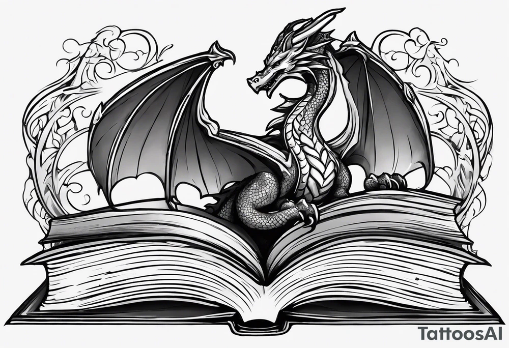An open book with a dragon from First Wing curled up and resting underneath it. Coming out of the book will be a trident, a golden snitch, lexa's tattoo from the 100, the number four from I am Number Four, a duantless symbol. tattoo idea