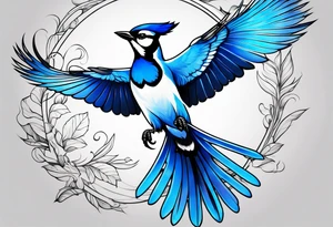 Strong blue jay bird in flight downward tattoo idea