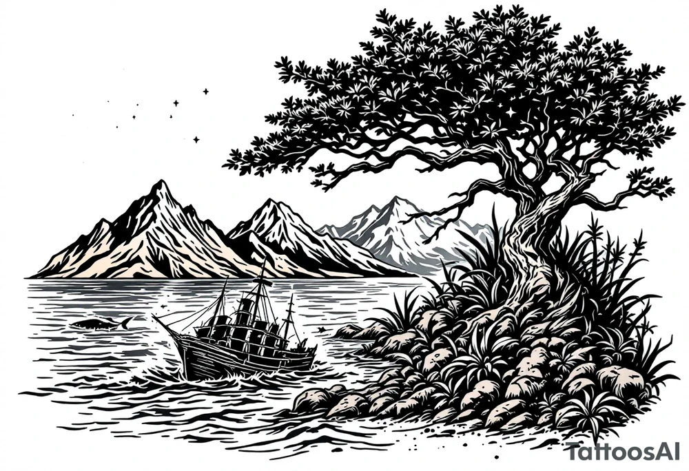 tattoo that has an acacia tree with mountains, ocean with a ship wreck with sharks and the northern star tattoo idea