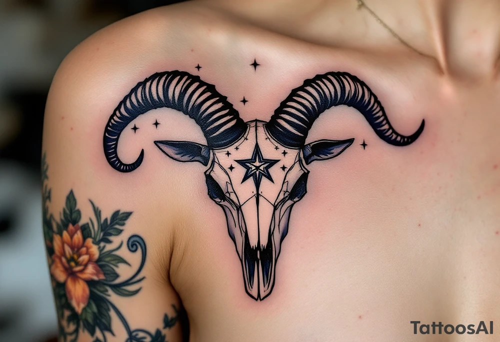 Bold black Capricorn stars arch over a dark navy goat skull, blending astrology and mythology. tattoo idea