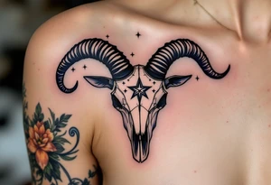 Bold black Capricorn stars arch over a dark navy goat skull, blending astrology and mythology. tattoo idea