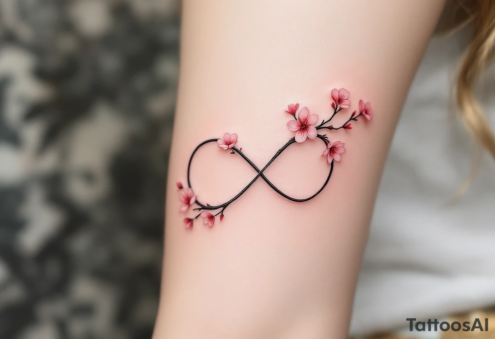 A cherry blossom branch bending into the infinity shape, with delicate pink flowers scattered around. tattoo idea