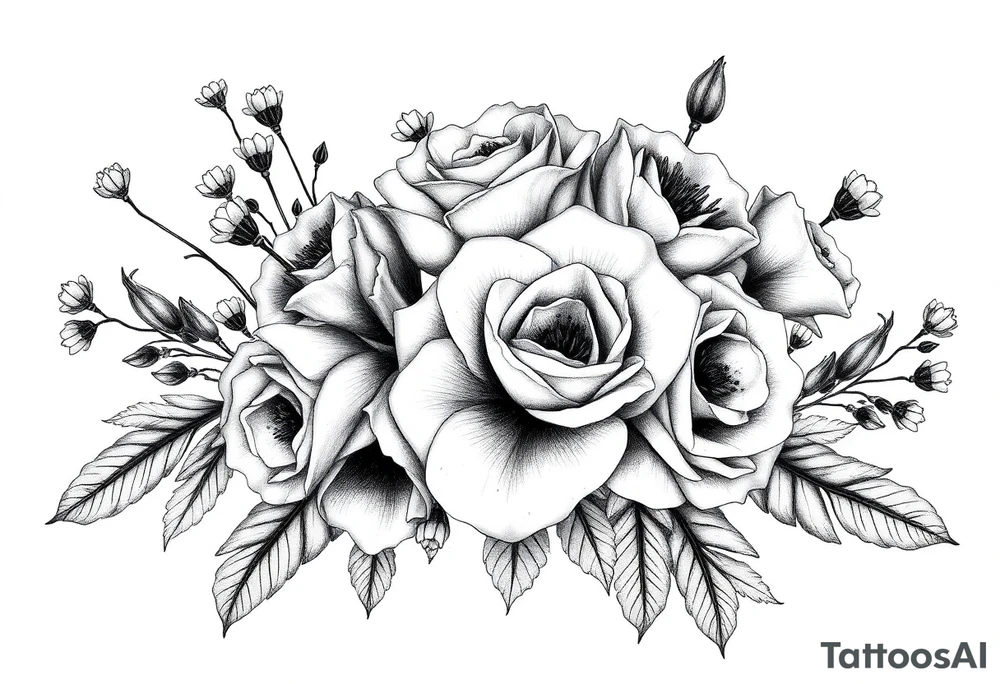 vintage bouquet of wild roses and meadow flowers with morning dew tattoo idea
