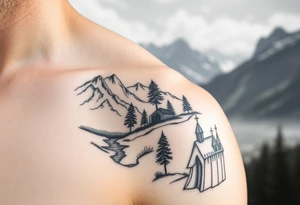 Mountainous valley with creek and a few trees with a Russian orthodox kazan scene covering my shoulder entering my upper arm with a Russian orthodox Virgin Mary tattoo idea