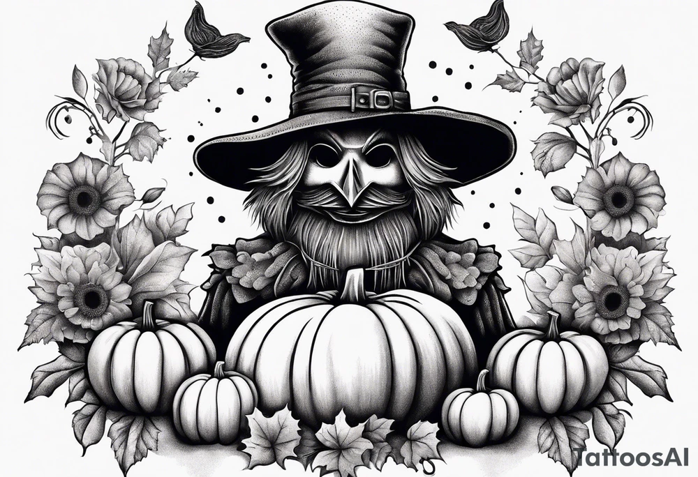 friendly scarecrow with pumpkins and flowers tattoo idea