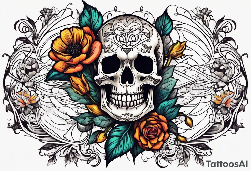 skeleton with body and flowers around it vintage tattoo idea