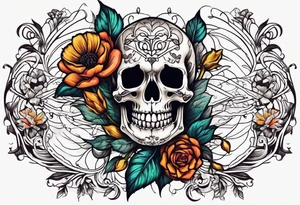 skeleton with body and flowers around it vintage tattoo idea