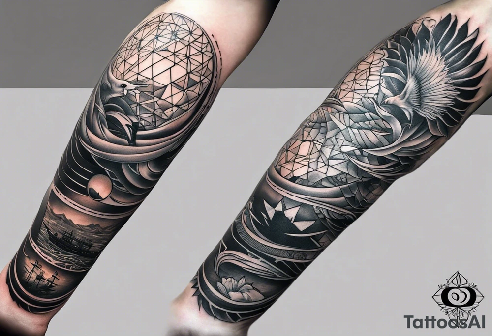 From left shoulder to forearm sleeve tattoo. Fine line geometric, concept design tattoo, ocean thunder fire nature, scale of justice tattoo idea
