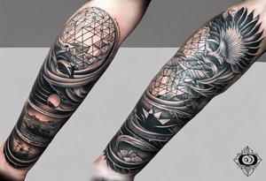 From left shoulder to forearm sleeve tattoo. Fine line geometric, concept design tattoo, ocean thunder fire nature, scale of justice tattoo idea