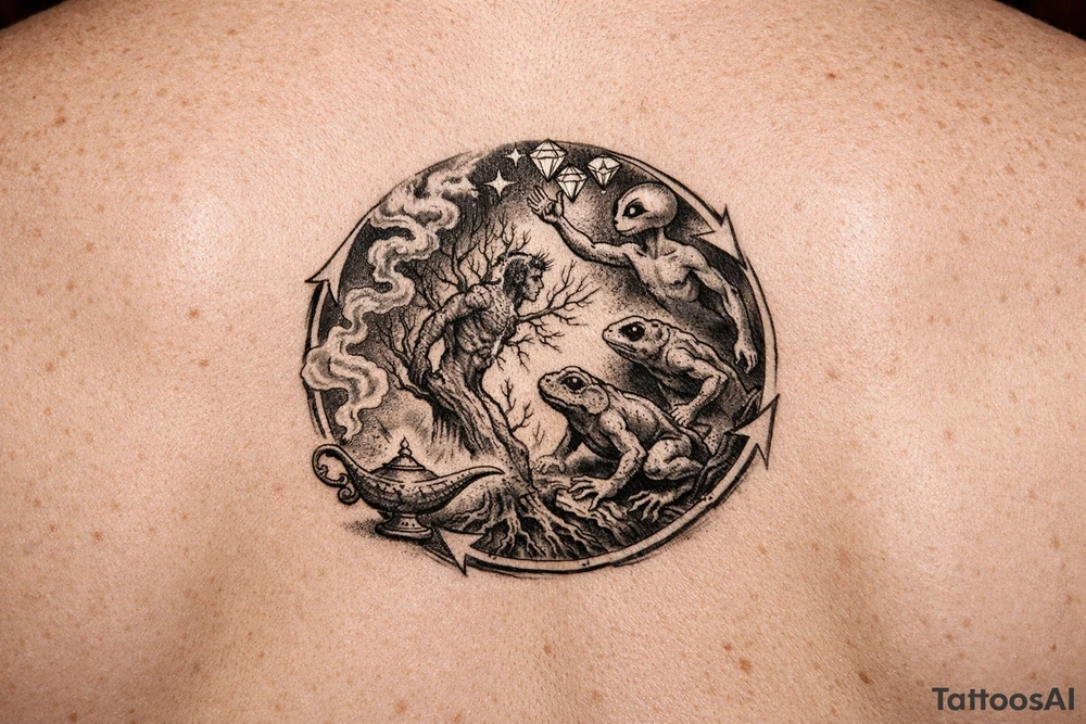 A man turning into a tree then sprouting into a from then evolving into a alien then reaching for the stares and grabbing diamonds out of the sky then getting sucked into a gene lamp cycle circle tattoo idea