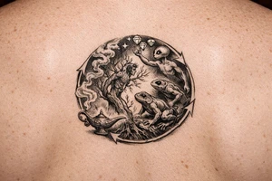 A man turning into a tree then sprouting into a from then evolving into a alien then reaching for the stares and grabbing diamonds out of the sky then getting sucked into a gene lamp cycle circle tattoo idea