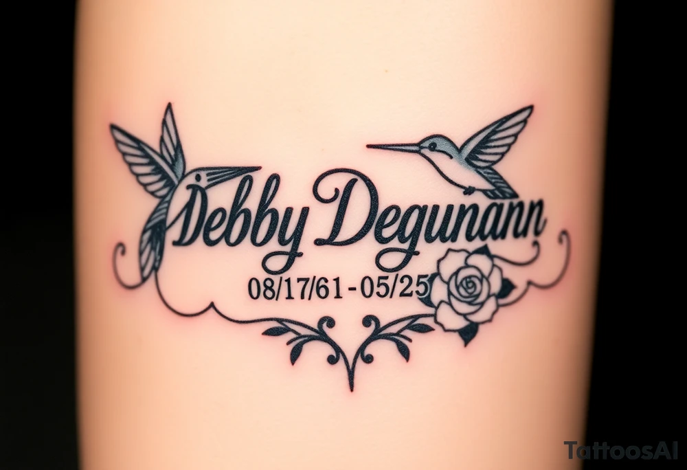 Tattoo of the name Debby Deguzman in chunky bold curly cursive with the exact dates of 08/17/61-05/29/25 surrounded by 1 hummingbird and 1 rose tattoo idea