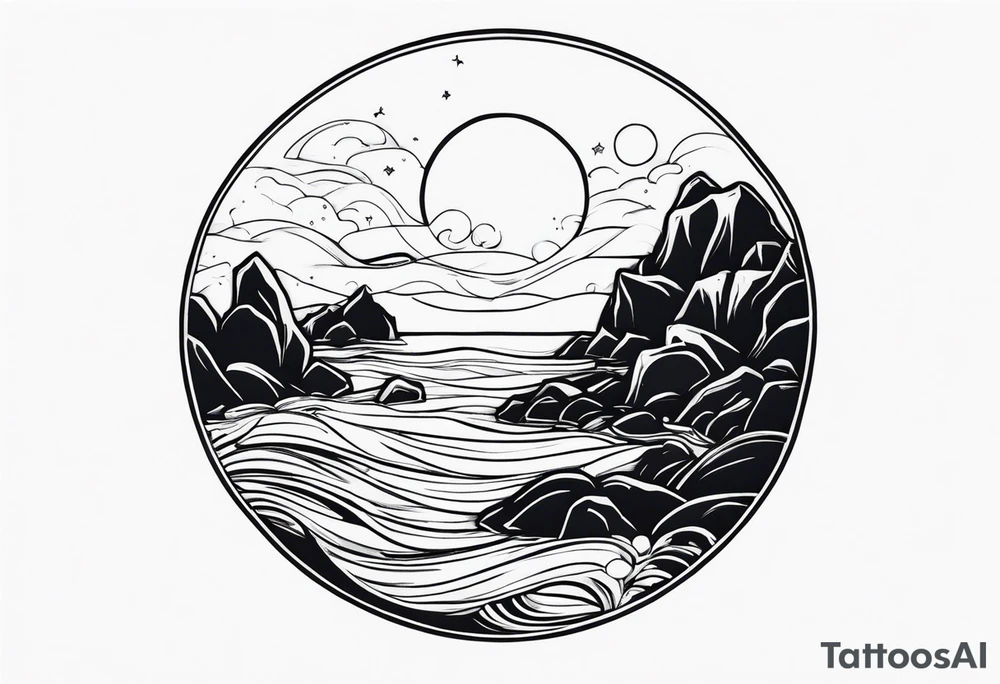 Ocean and rocks at night tattoo idea